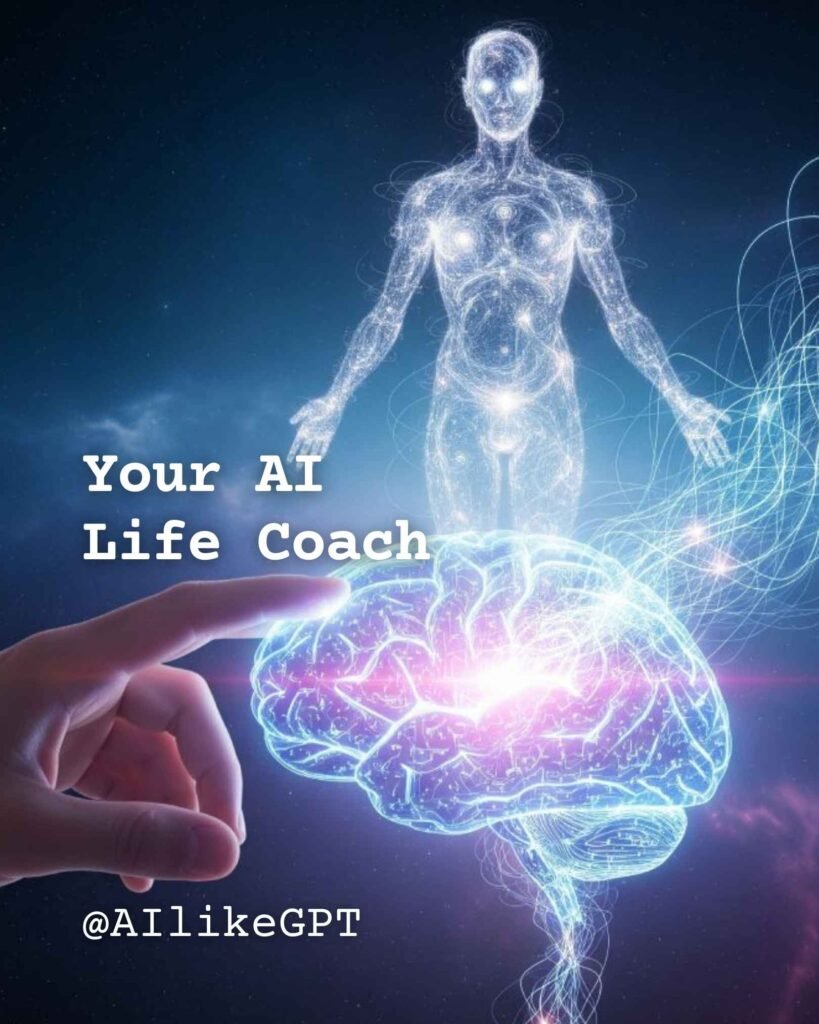 A human hand touching a glowing holographic brain, with a luminous figure representing an AI mentor hovering above.