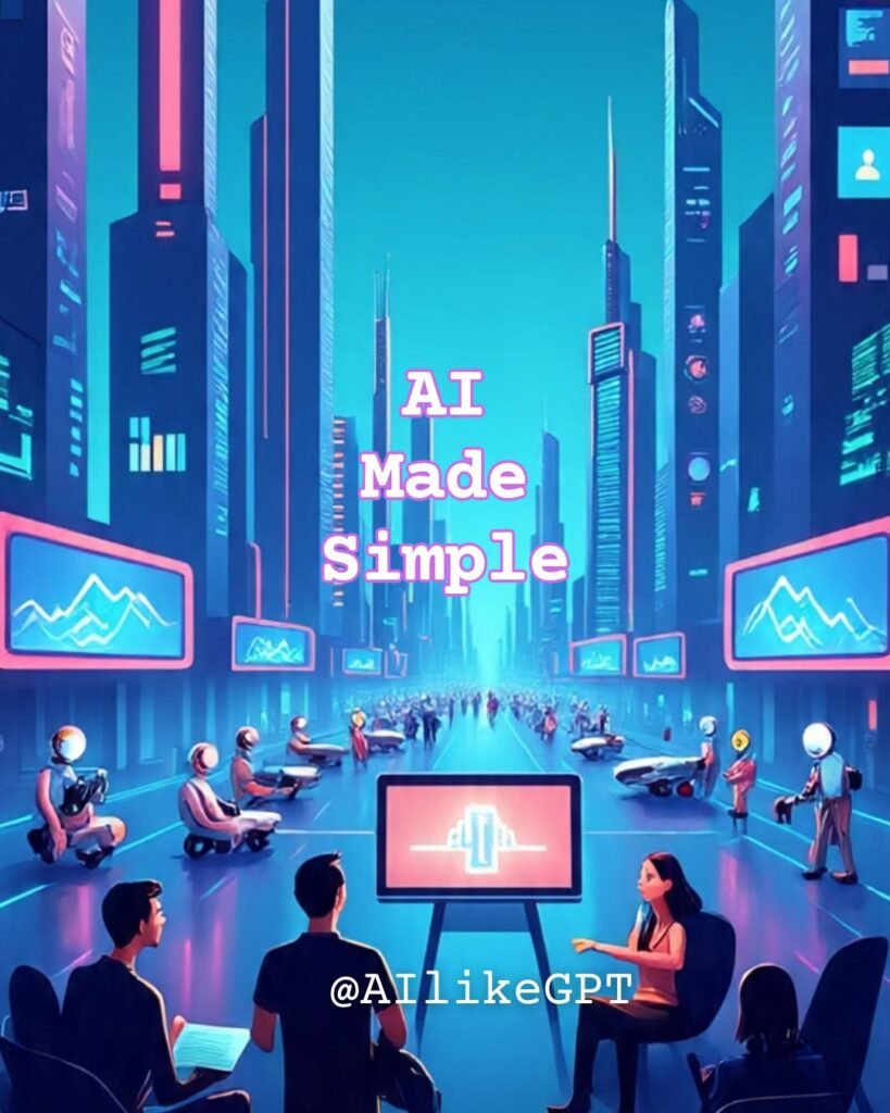 Minimal futuristic cityscape with clean lines, tall buildings and subtle glowing details. The text reads: AI Made Simple in white letters.