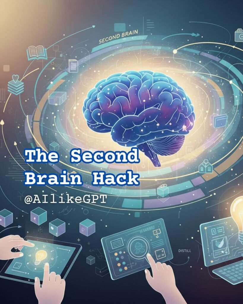 Futuristic digital artwork of a glowing brain surrounded by icons and devices, symbolising the Second Brain hack with AI tools.