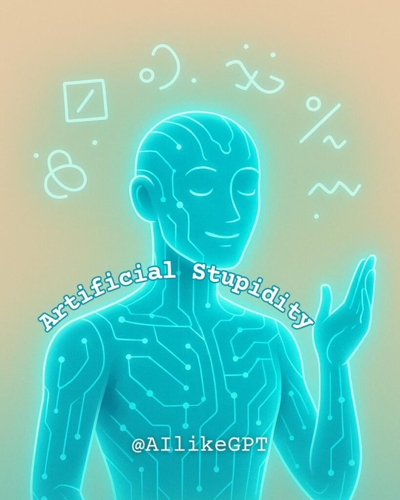 Futuristic AI hologram confidently producing meaningless abstract symbols.