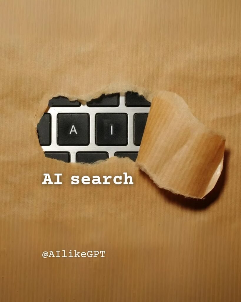 AI search concept revealed beneath torn paper, showing keyboard keys spelling “AI”, symbolising the emergence of artificial intelligence in search technology.